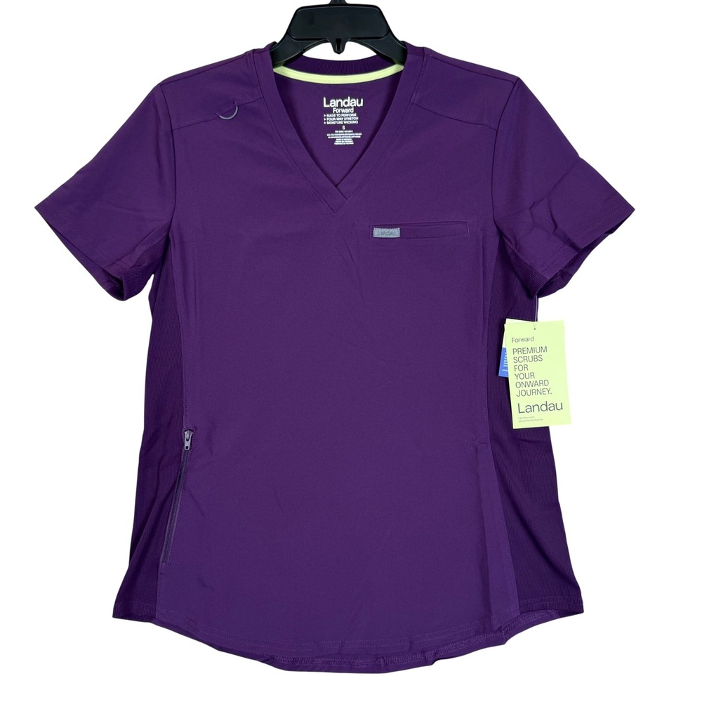 NWT Landau Scrub Top S 19in Forward V-Neck Stretch Pocket Purple Medical Nurse